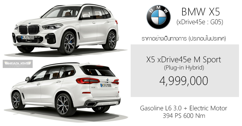 ราคาอย่างเป็นทางการ BMW X5 xDrive45e (Plug-in Hybrid) : 4,999,000 บาท
