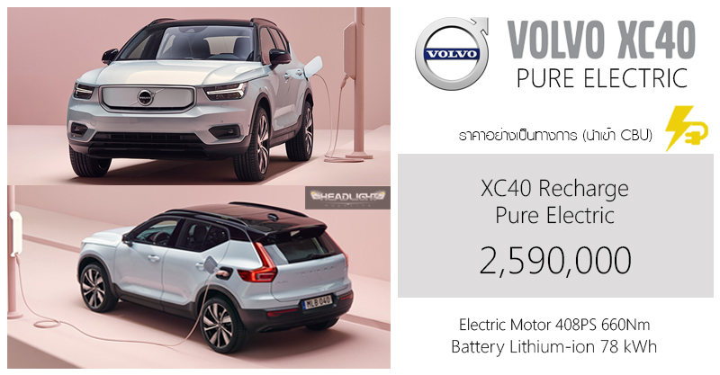 ราคาอย่างเป็นทางการ Volvo XC40 Pure Electric : 2,590,000 บาท (นำเข้า